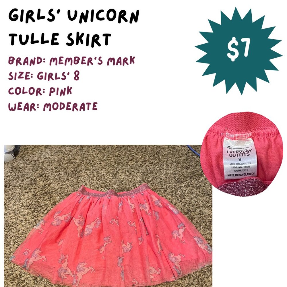 Girls' Sparkly Unicorn Tulle Skirt, Size 8, Member's Mark
